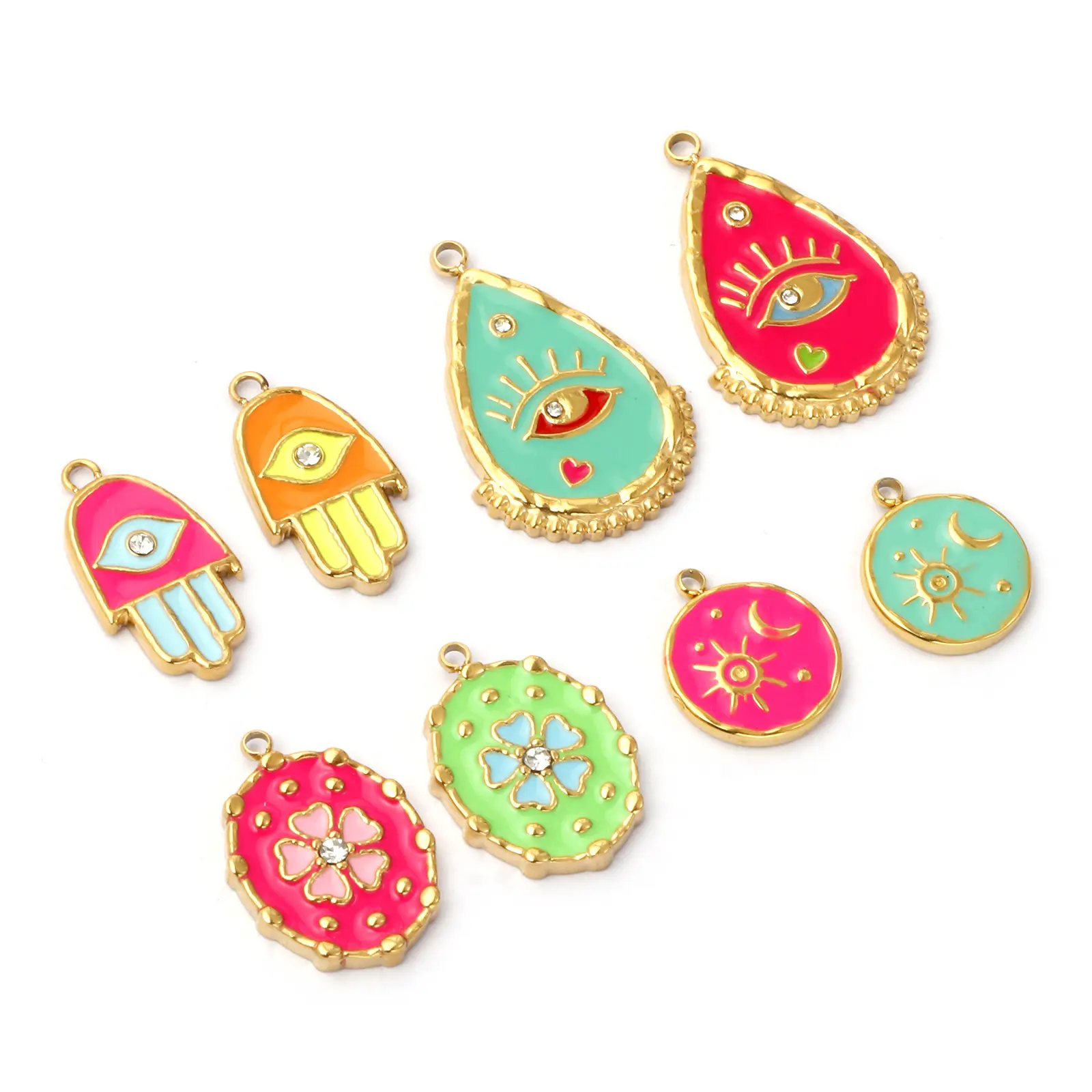 1 Piece 304 Stainless Steel Charms 18K Gold Plated Enamel Evil Eye Flower Sun Moon Pendant For DIY Necklace Jewelry Making