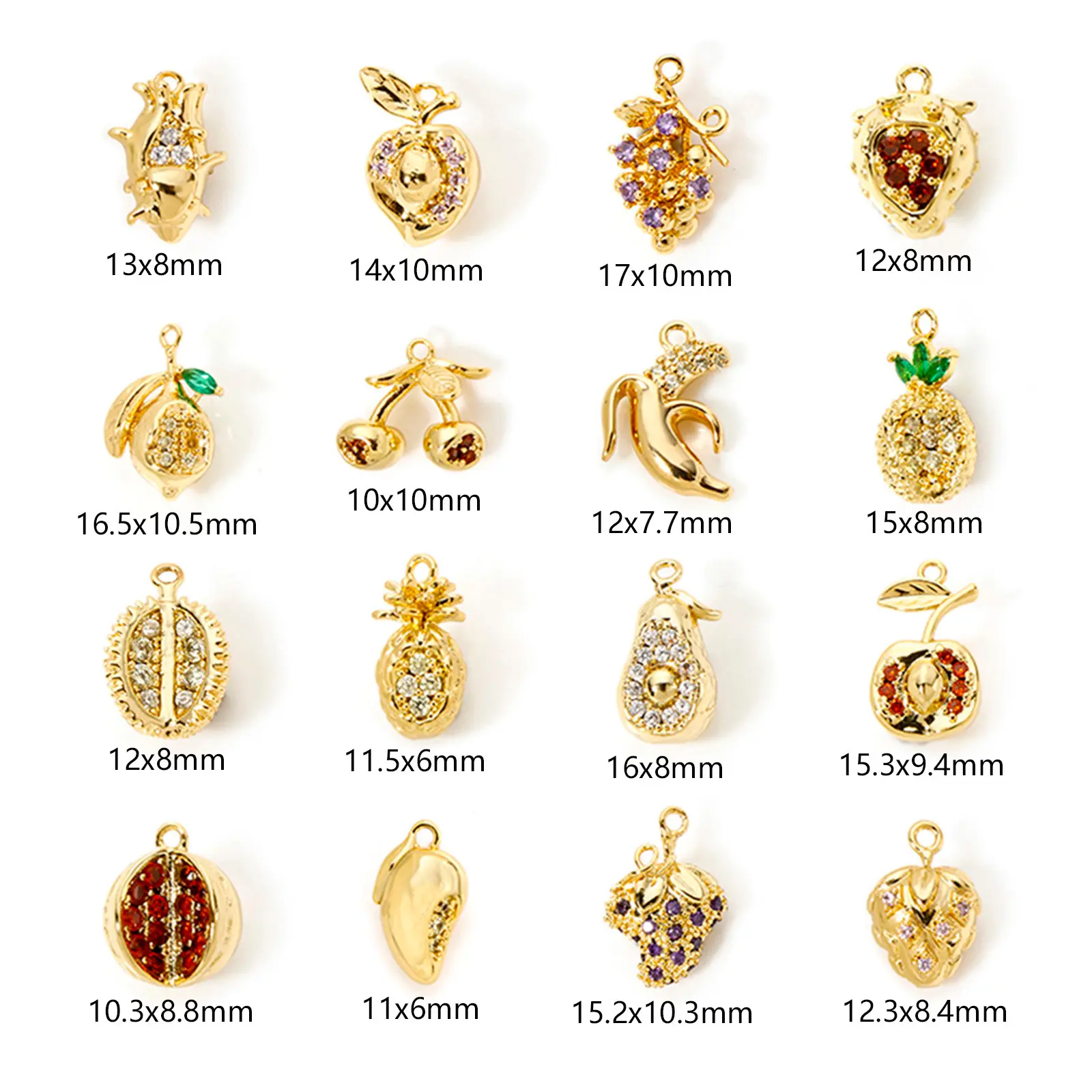 2 PCs Brass 3D Fruit Charms Avocado Pomegranate Cherry Peach Grape 18K Gold Plated Pendants For Jewelry Making Necklace DIY
