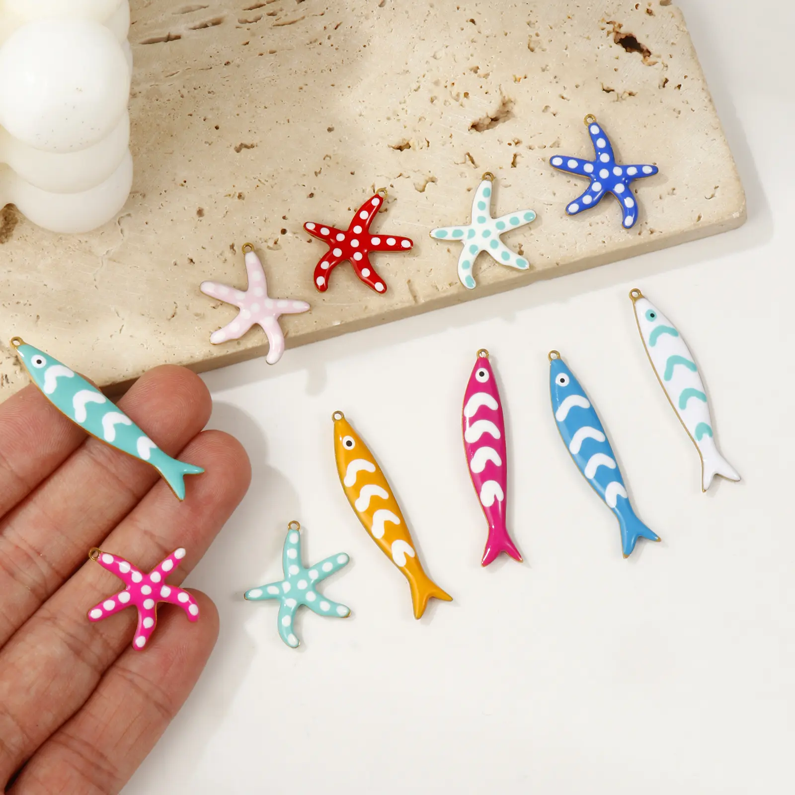 2 PCs 304 Stainless Steel Ocean Jewelry Starfish Fish Charms 18K Gold Plated Double-sided Enamel Pendant For DIY Necklace Making