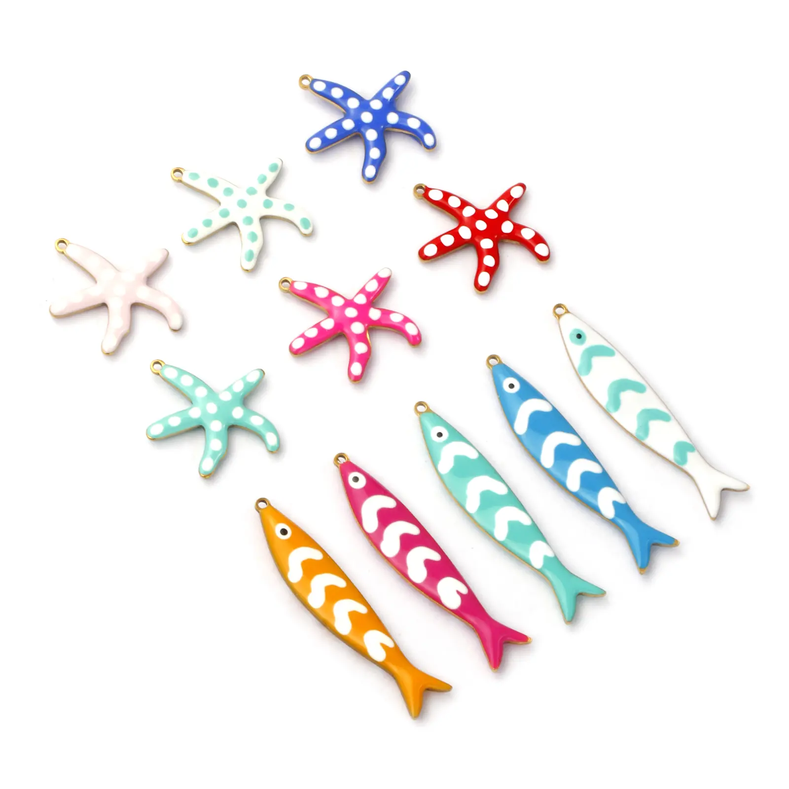 2 PCs 304 Stainless Steel Ocean Jewelry Starfish Fish Charms 18K Gold Plated Double-sided Enamel Pendant For DIY Necklace Making