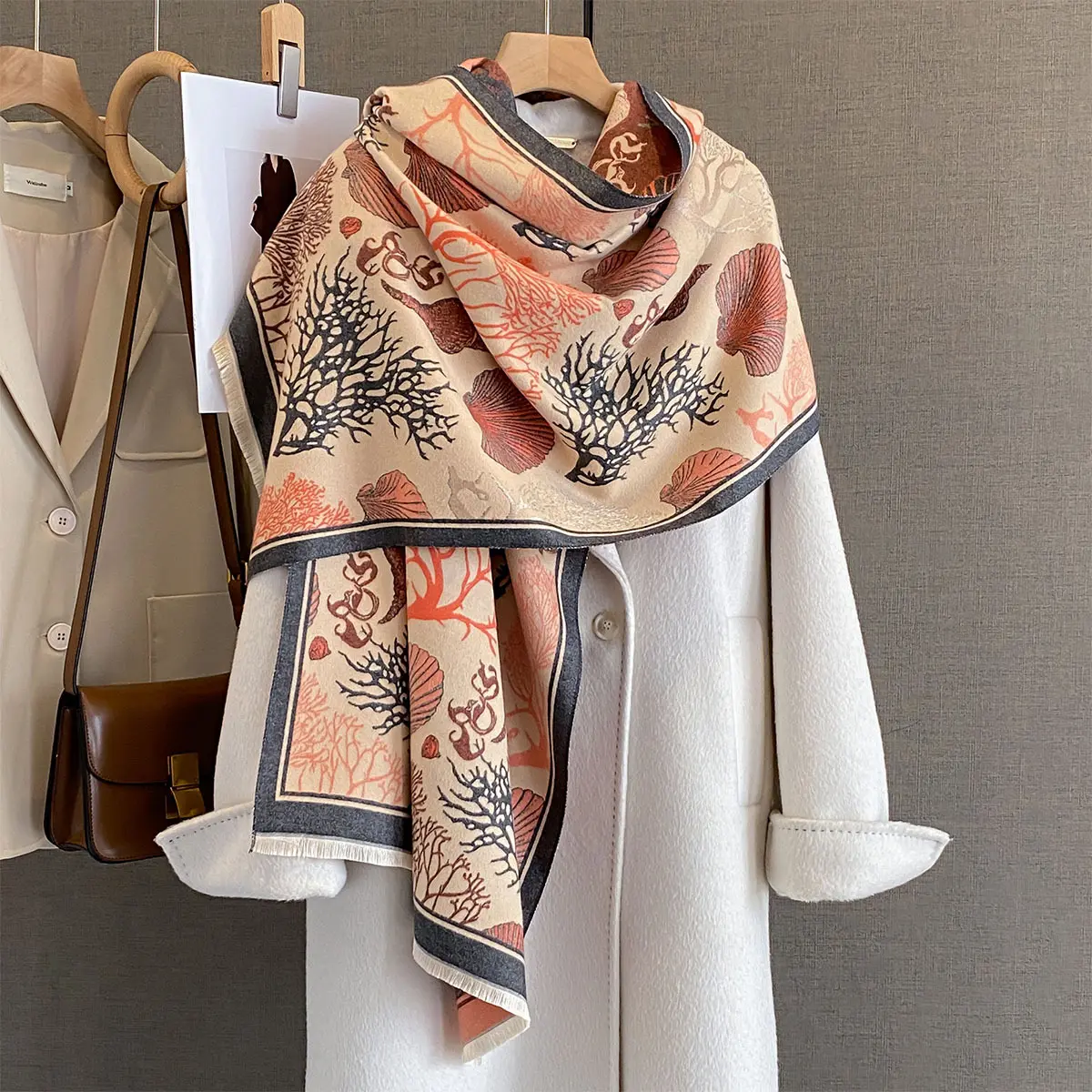 New Brand Elegance Double-sided Print Scarf Soft Warm Pashmina Long Tassel Shawl Autumn and Winter Coldproof Windproof Blanket