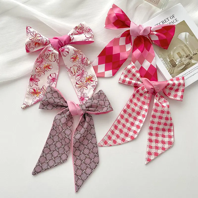 Pink Set Vintage Hair Band Women's Ins Style Long Ribbon Bow Satin Ribbon Ponytail Holder Small High-grade Silk Scarf