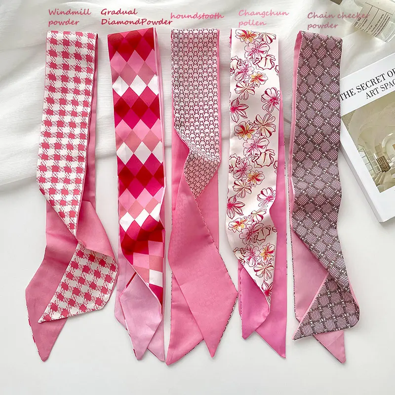 Pink Set Vintage Hair Band Women's Ins Style Long Ribbon Bow Satin Ribbon Ponytail Holder Small High-grade Silk Scarf