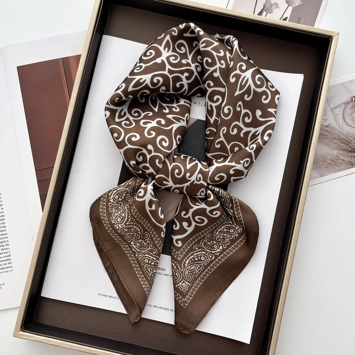 Luxury Women's Vintage Versatile Thin Satin Scarf Floral Print Hairband Spring Autumn Small Square Scarf for Tying Hair And Bags
