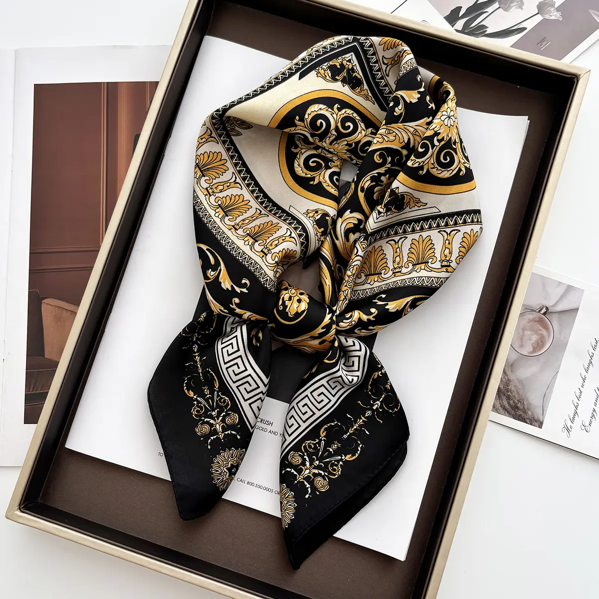Luxury Women's Vintage Versatile Thin Satin Scarf Floral Print Hairband Spring Autumn Small Square Scarf for Tying Hair And Bags