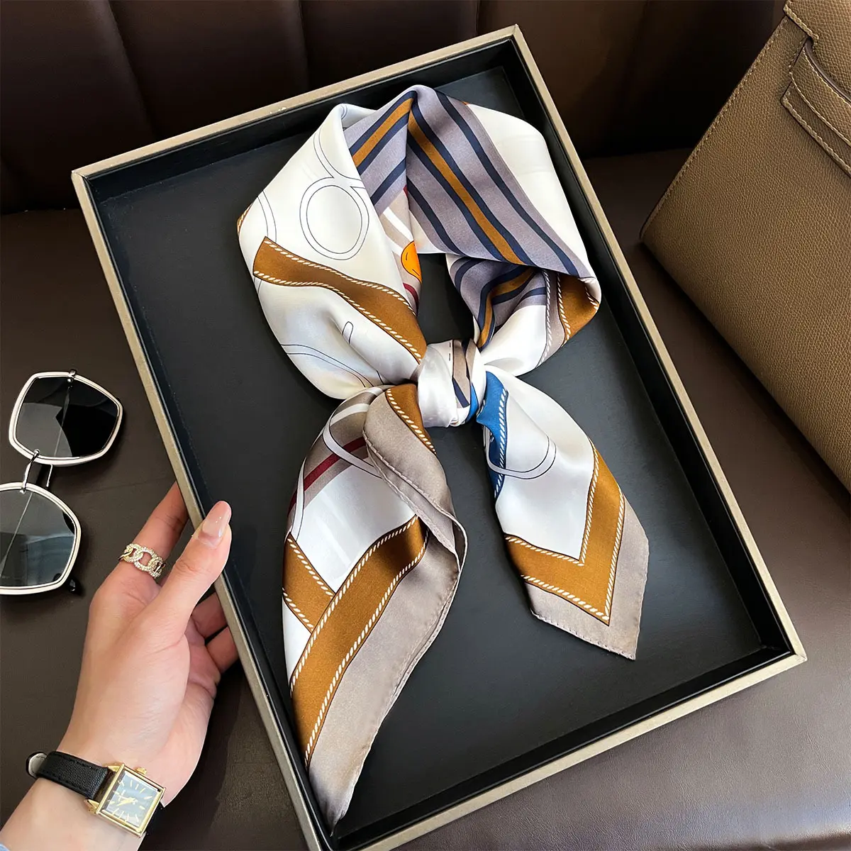 Luxury Fashion Print 70*70cm Silk Square Scarf Women Soft Satin Hairband Neckerchief Tie Female Headband Foulard Bag Ribbon