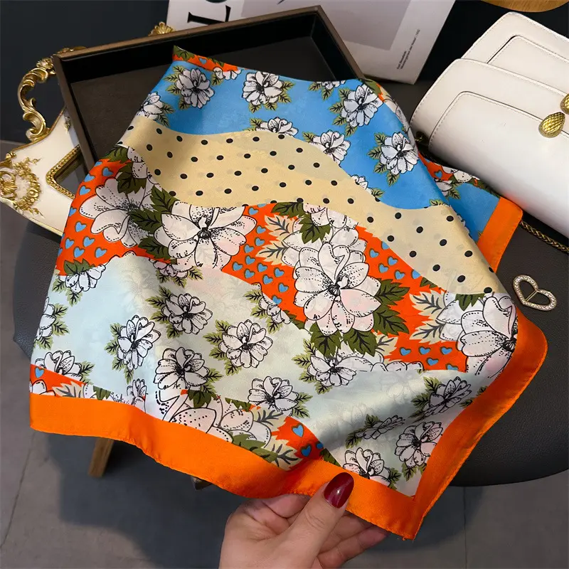 Imitation Silk Square Scarf Women Luxury Floral Print Soft Satin Kerchief Hairband Neck Scarf Foulard Bag Ribbon Ties