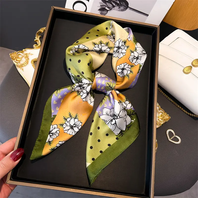Imitation Silk Square Scarf Women Luxury Floral Print Soft Satin Kerchief Hairband Neck Scarf Foulard Bag Ribbon Ties