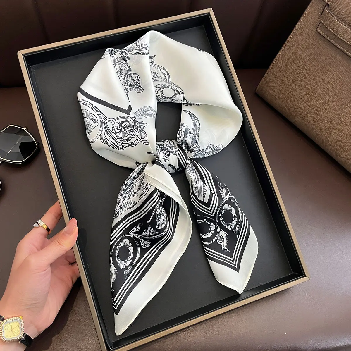 Luxury Design Scarf Women Silk Imitation Neckerchief Hair Bands Foulard Female Shawls Wraps Ribbon Square Bandanas