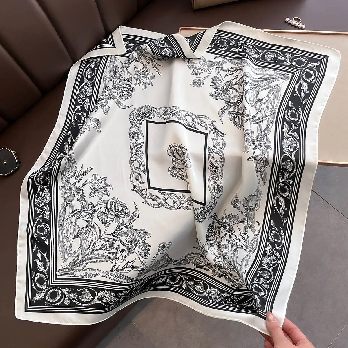 Luxury Design Scarf Women Silk Imitation Neckerchief Hair Bands Foulard Female Shawls Wraps Ribbon Square Bandanas
