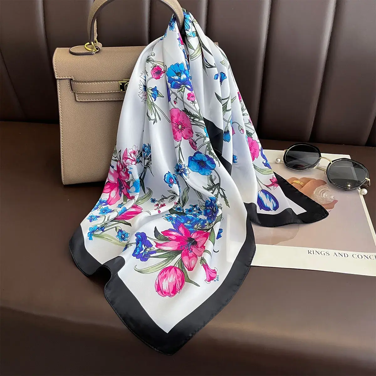 Floral Print Silk Square Scarfs 70cm Women Neckerchief Summer Beach Shawl Female Decorate Neck Ties Lady Hijab Neck Scarf Korean