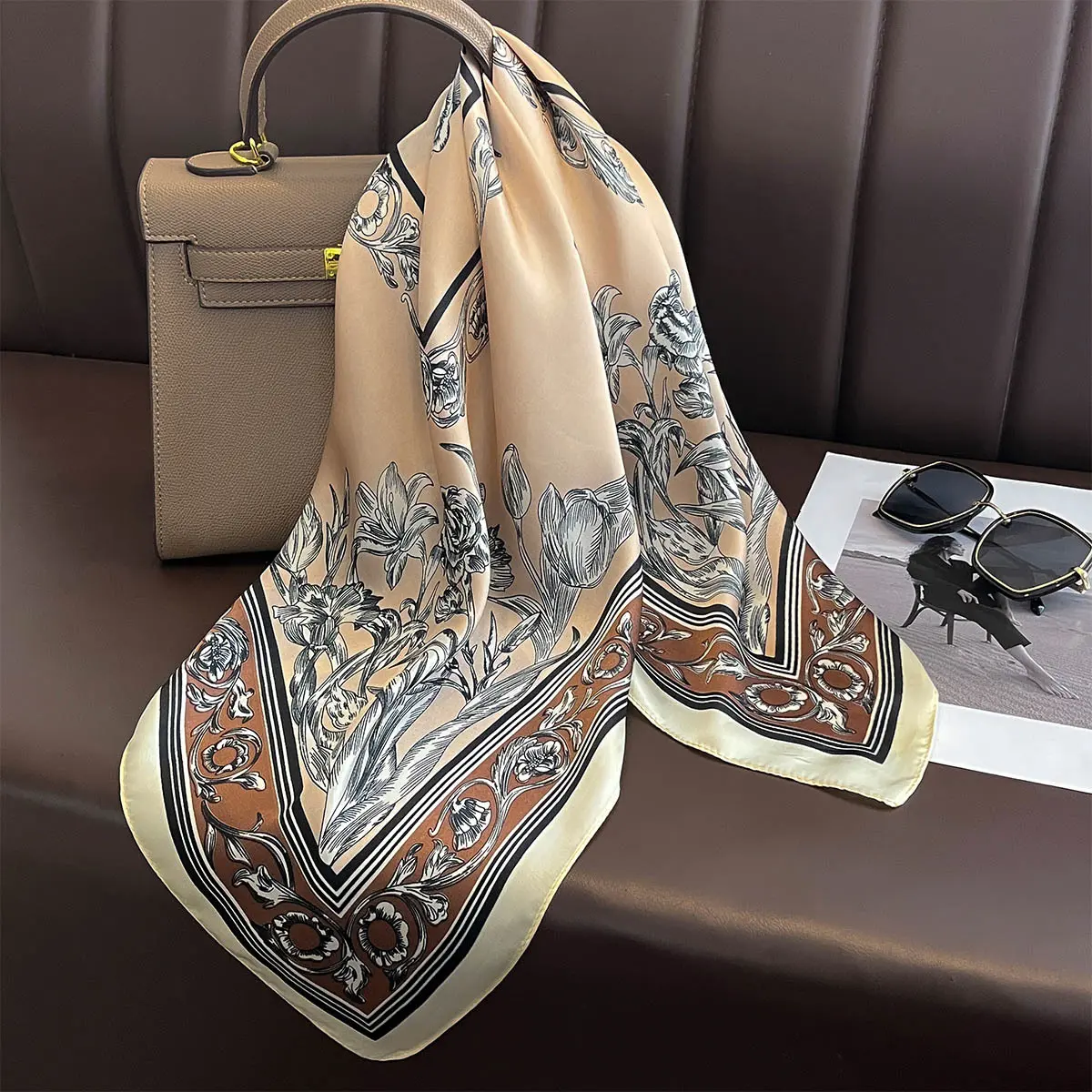 Luxury Design Scarf Women Silk Imitation Neckerchief Hair Bands Foulard Female Shawls Wraps Ribbon Square Bandanas