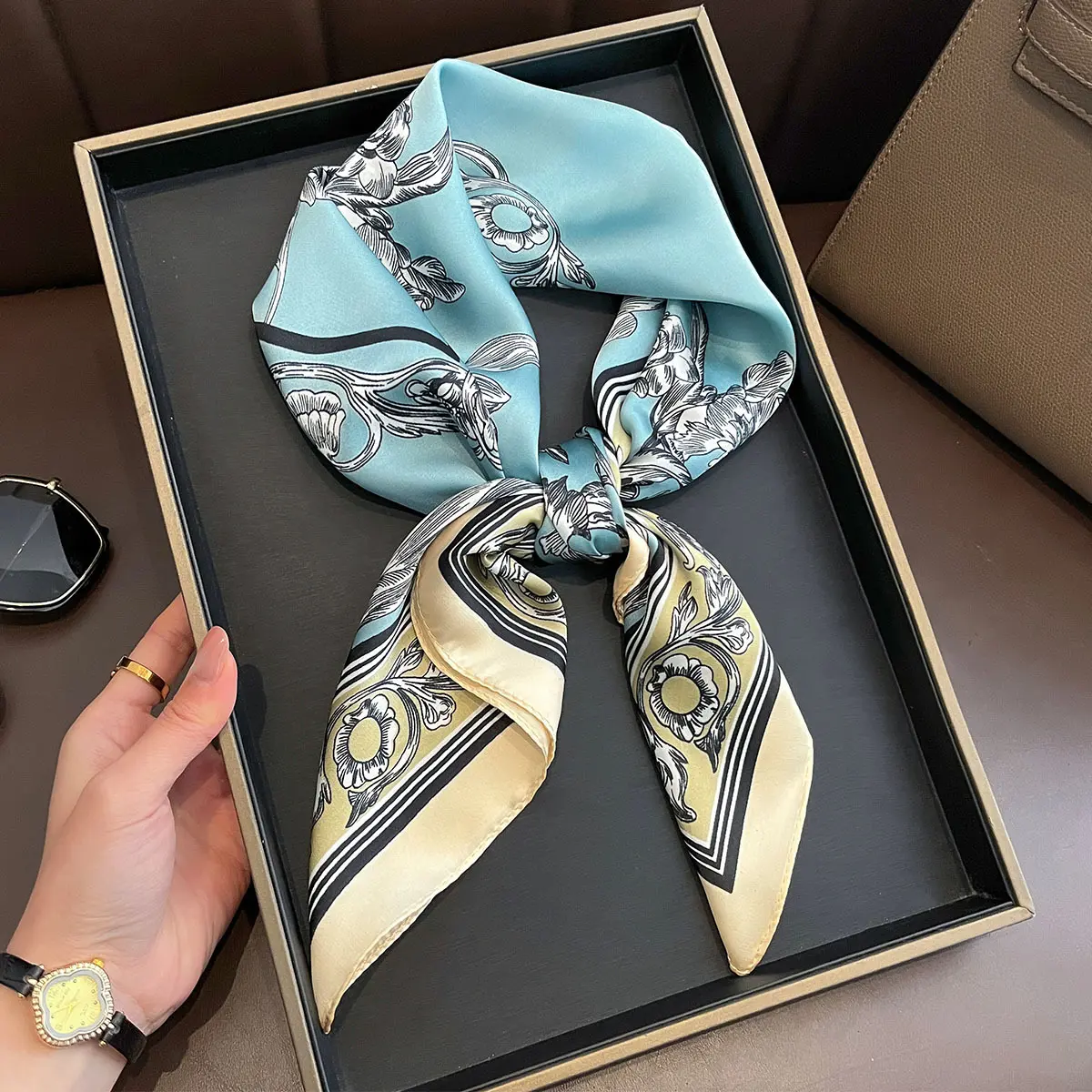 Luxury Design Scarf Women Silk Imitation Neckerchief Hair Bands Foulard Female Shawls Wraps Ribbon Square Bandanas