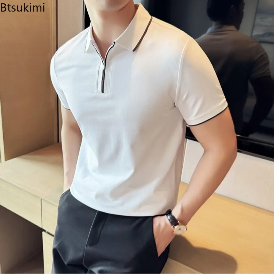 Men Polo Shirt Summer Light Thin British Style Solid Casual Slim Fit Short Sleeved Top T-shirt Fashion Streetwear Men Clothing
