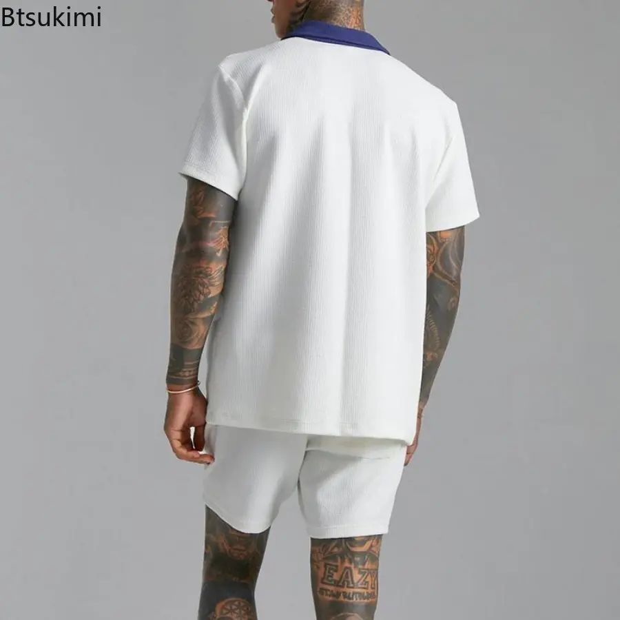 2025 Men's Summer Casual Sport Sets Fashion Patchwork Short Sleeve Shirt Cardigan and Shorts Suit Men Trend Streetwear Tracksuit
