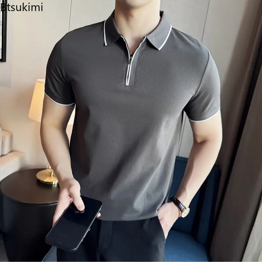 Men Polo Shirt Summer Light Thin British Style Solid Casual Slim Fit Short Sleeved Top T-shirt Fashion Streetwear Men Clothing