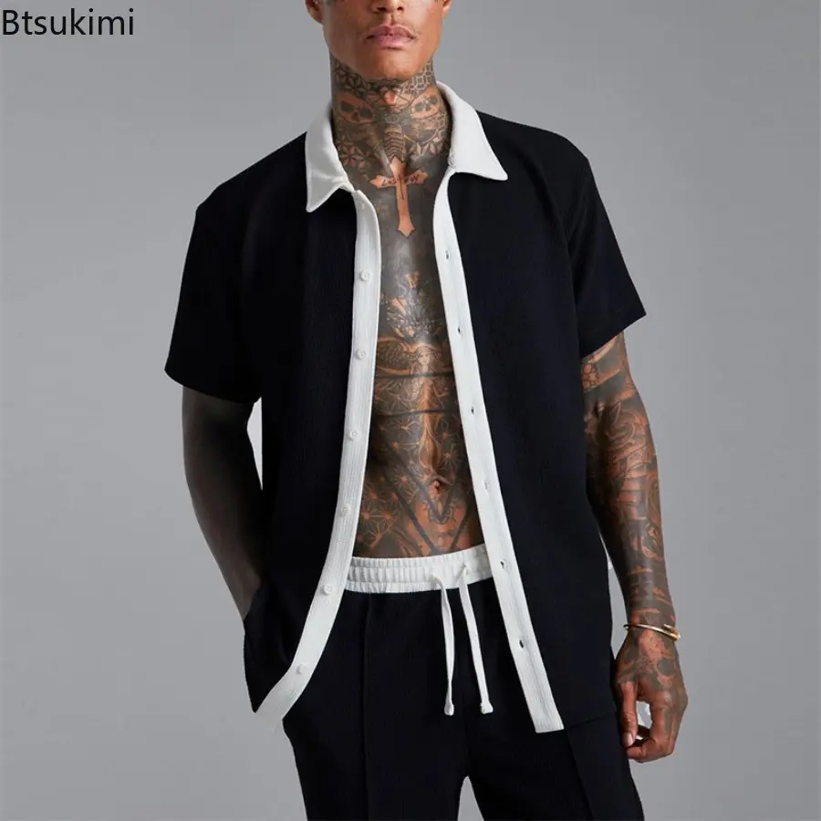 2025 Men's Summer Casual Sport Sets Fashion Patchwork Short Sleeve Shirt Cardigan and Shorts Suit Men Trend Streetwear Tracksuit