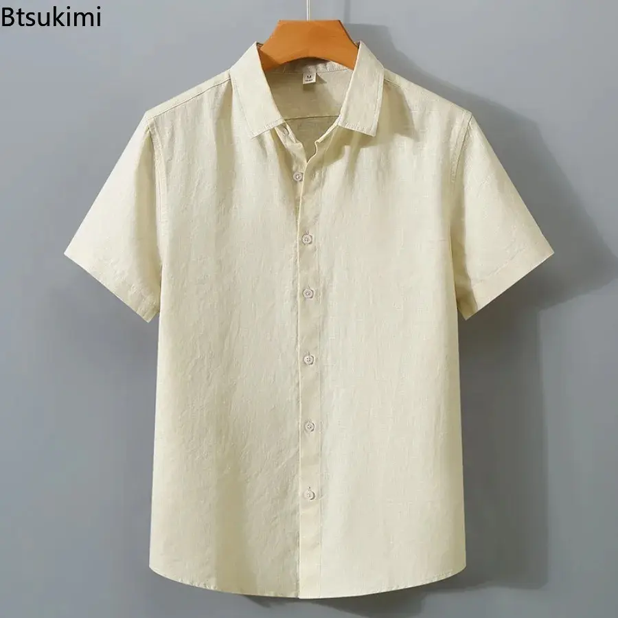New Fashion Men's Cotton Linen Short Sleeve Casual Shirts Summer Comfort Solid Cardigan Japanese Style Loose Tops Blouse Male