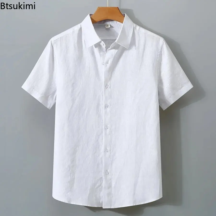 New Fashion Men's Cotton Linen Short Sleeve Casual Shirts Summer Comfort Solid Cardigan Japanese Style Loose Tops Blouse Male