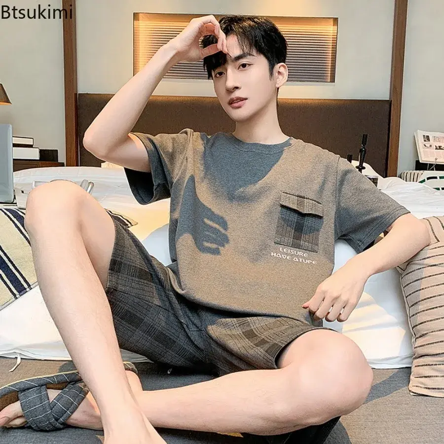 Fashion New Men's Short-sleeved Pajamas Sets Summer Comfortable Thin Cotton Homewear Lounge Sets Men Plaid Sleepwear Two Pieces