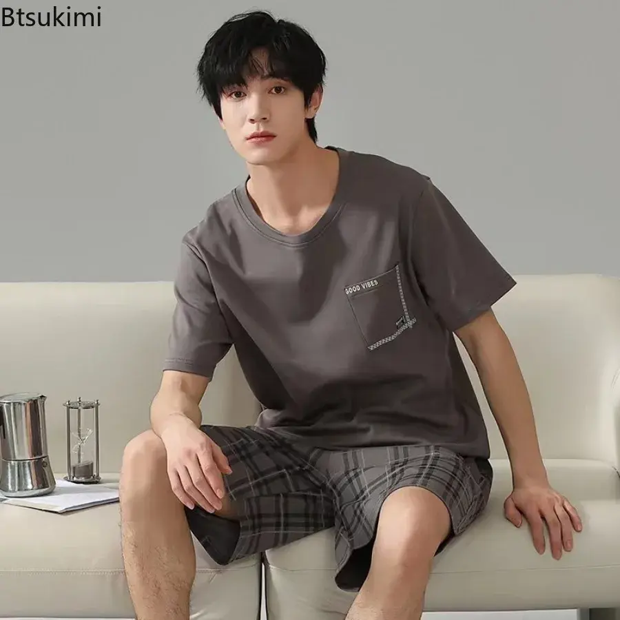 Fashion New Men's Short-sleeved Pajamas Sets Summer Comfortable Thin Cotton Homewear Lounge Sets Men Plaid Sleepwear Two Pieces