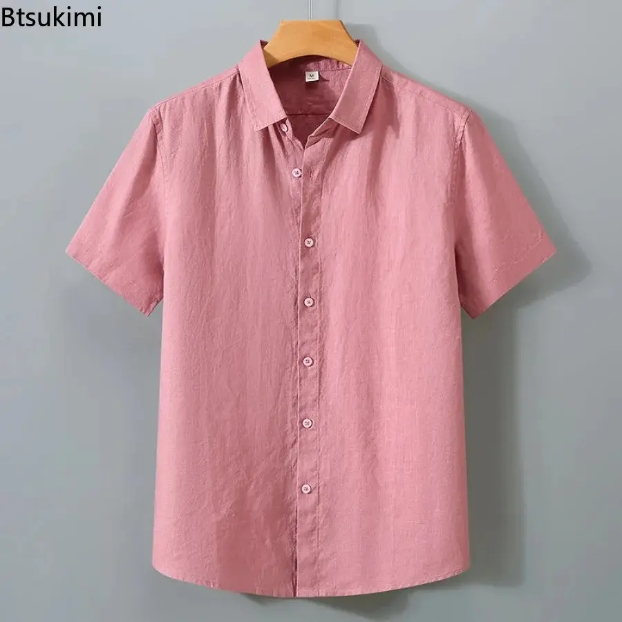 New Fashion Men's Cotton Linen Short Sleeve Casual Shirts Summer Comfort Solid Cardigan Japanese Style Loose Tops Blouse Male