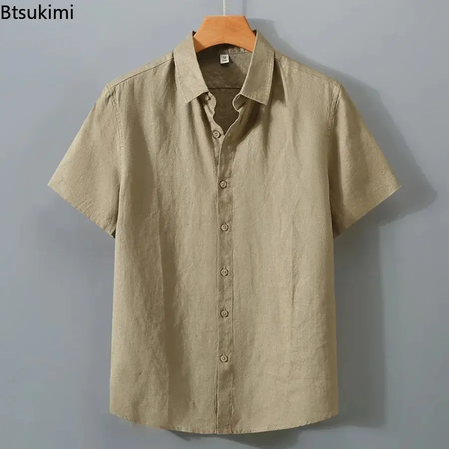 New Fashion Men's Cotton Linen Short Sleeve Casual Shirts Summer Comfort Solid Cardigan Japanese Style Loose Tops Blouse Male