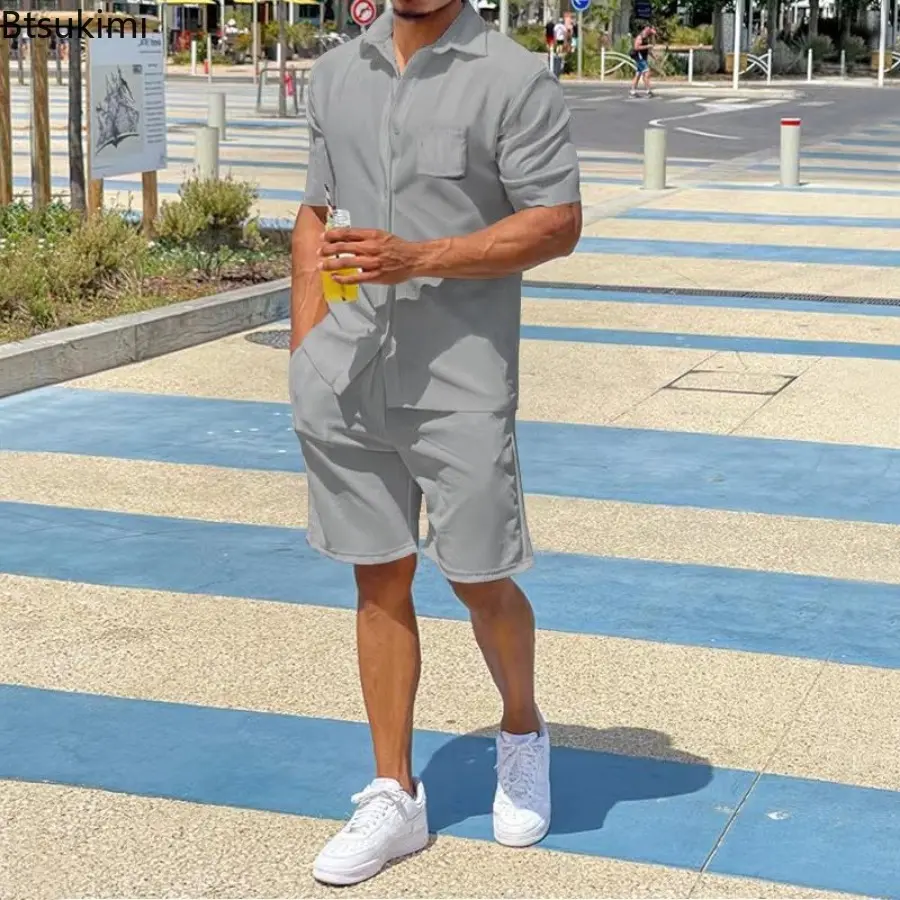 2025 Summer Men's Solid Casual Sets Comfy Cotton Linen Short Sleeve Lapel Shirt and Shorts Two Piece Sets Men Loose Sport Outfit
