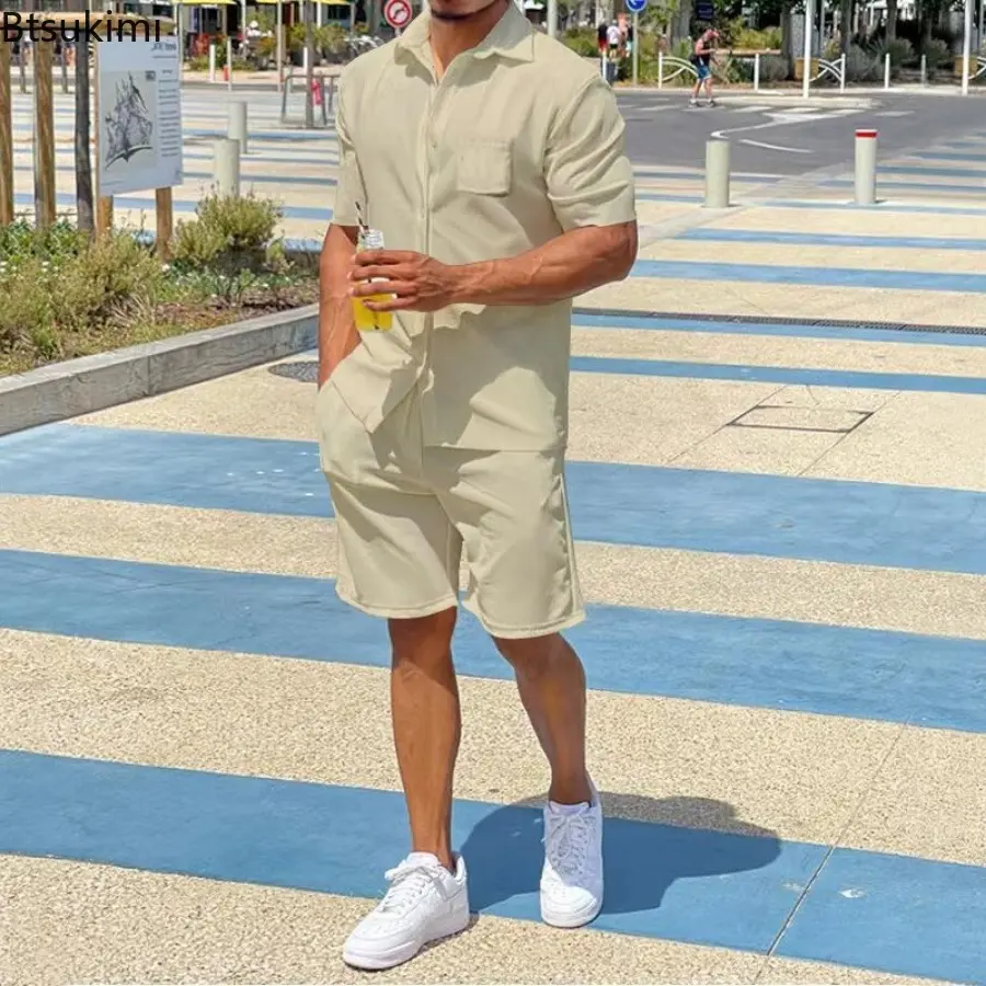 2025 Summer Men's Solid Casual Sets Comfy Cotton Linen Short Sleeve Lapel Shirt and Shorts Two Piece Sets Men Loose Sport Outfit