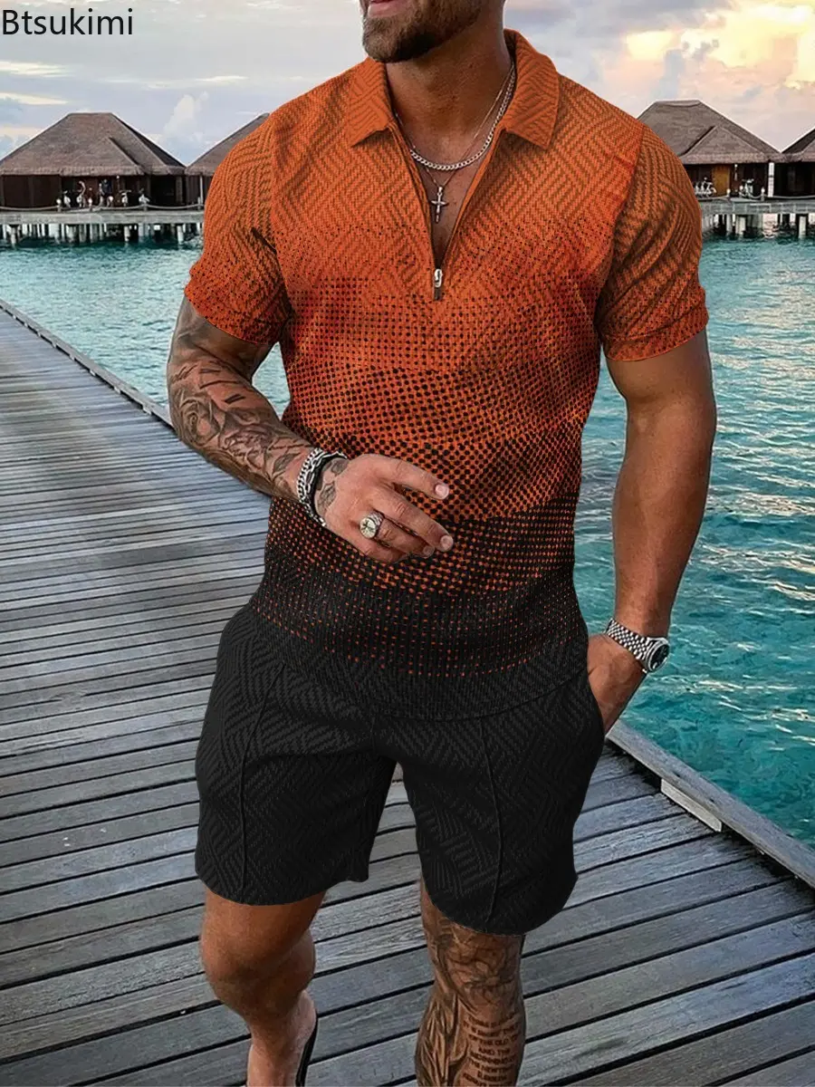 Summer New Men's Casual Beach Vacation Two Piece Sets Fashion 3D Print Polo Shirt+Shorts Social Sport Suit Men Tracksuit Outfit