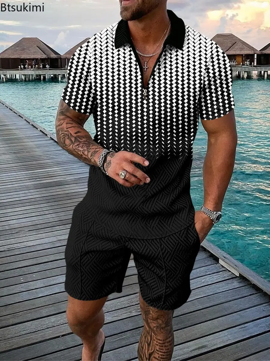 Summer New Men's Casual Beach Vacation Two Piece Sets Fashion 3D Print Polo Shirt+Shorts Social Sport Suit Men Tracksuit Outfit