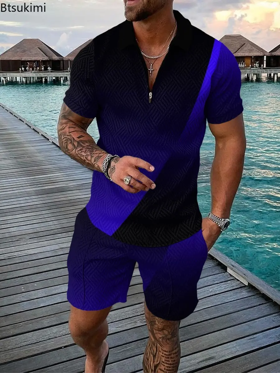 Summer New Men's Casual Beach Vacation Two Piece Sets Fashion 3D Print Polo Shirt+Shorts Social Sport Suit Men Tracksuit Outfit