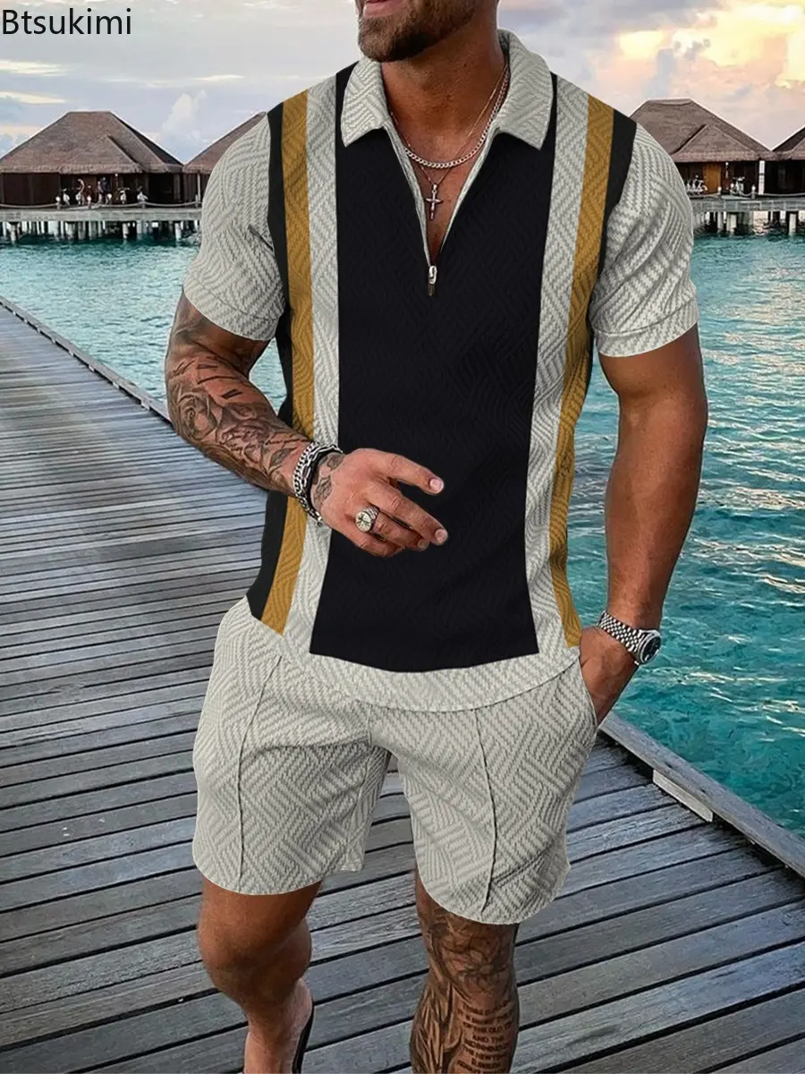 Summer New Men's Casual Beach Vacation Two Piece Sets Fashion 3D Print Polo Shirt+Shorts Social Sport Suit Men Tracksuit Outfit