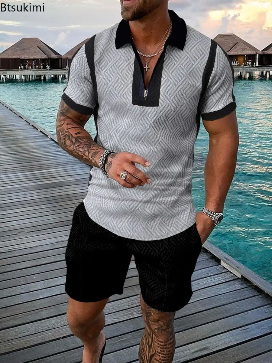 Summer New Men's Casual Beach Vacation Two Piece Sets Fashion 3D Print Polo Shirt+Shorts Social Sport Suit Men Tracksuit Outfit