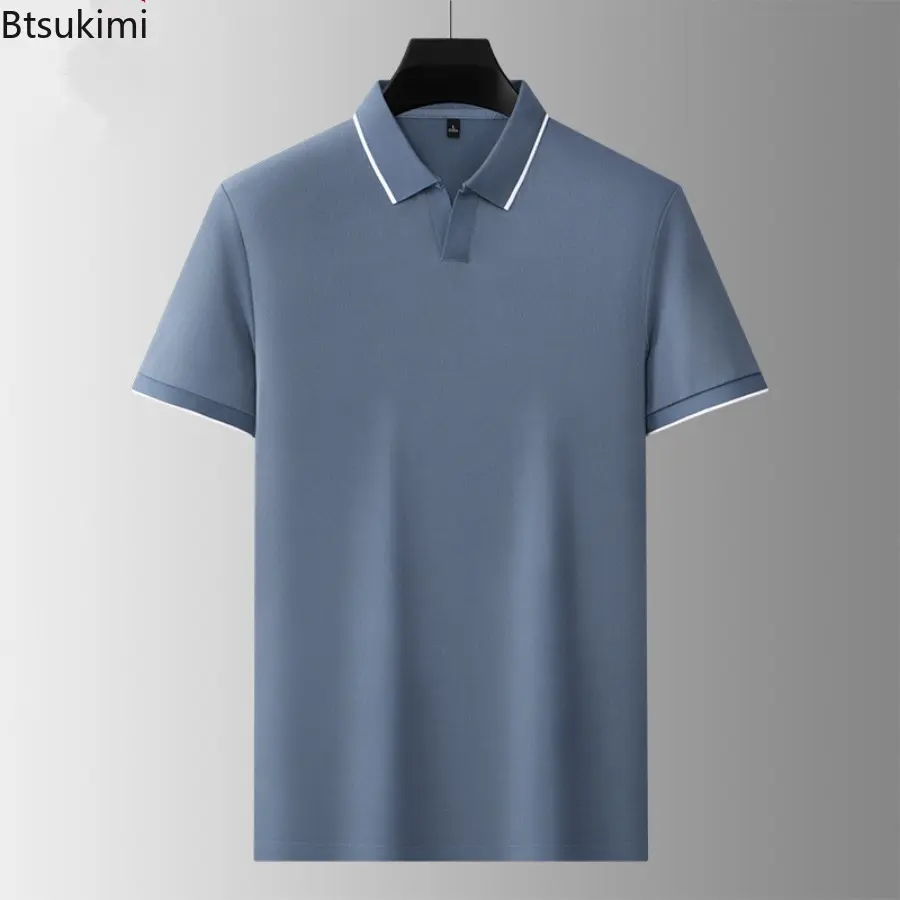 New 2025 Men's V-neck Short Sleeved Polo Shirt Summer Solid Color Simple Silk Cotton Breathable Casual Fashion Top T-shirt Male