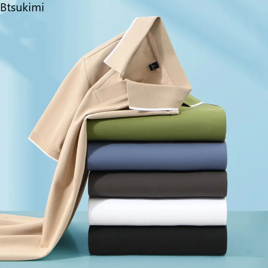 New 2025 Men's V-neck Short Sleeved Polo Shirt Summer Solid Color Simple Silk Cotton Breathable Casual Fashion Top T-shirt Male