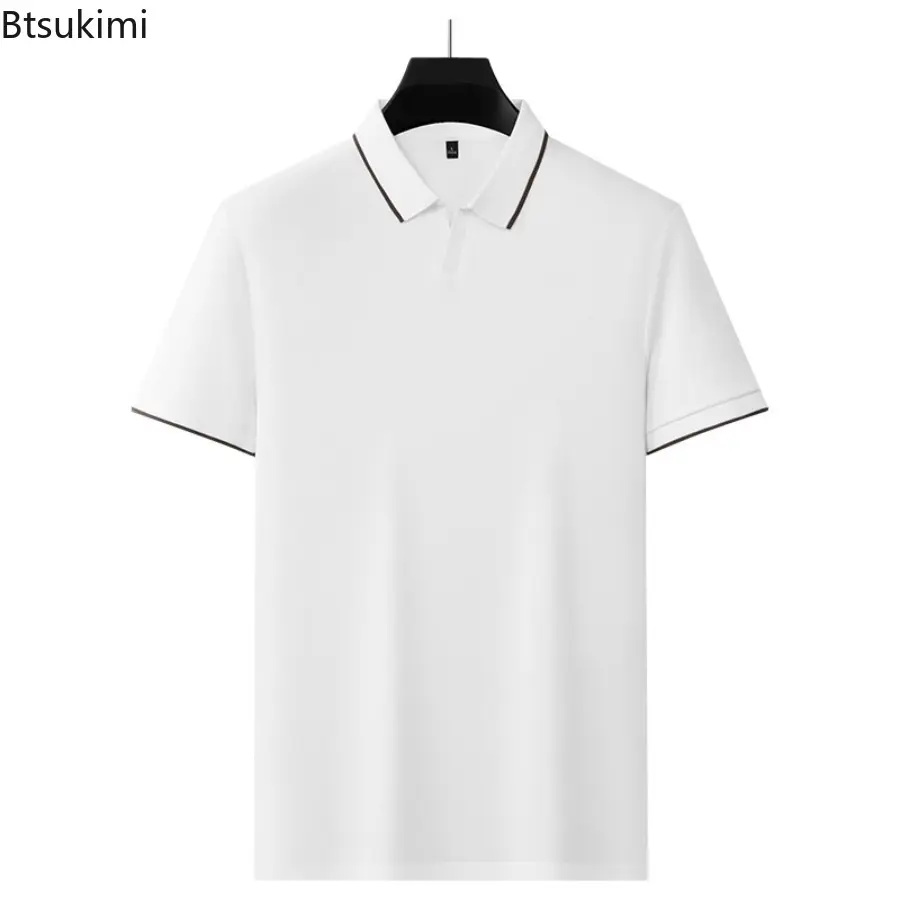 New 2025 Men's V-neck Short Sleeved Polo Shirt Summer Solid Color Simple Silk Cotton Breathable Casual Fashion Top T-shirt Male