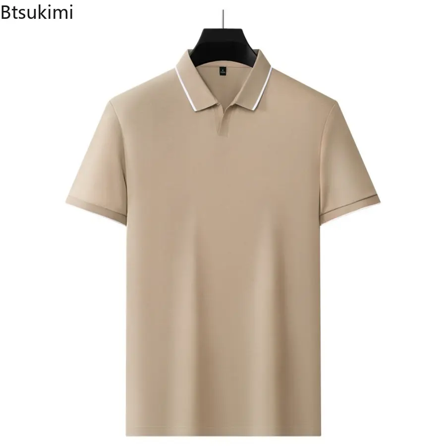 New 2025 Men's V-neck Short Sleeved Polo Shirt Summer Solid Color Simple Silk Cotton Breathable Casual Fashion Top T-shirt Male