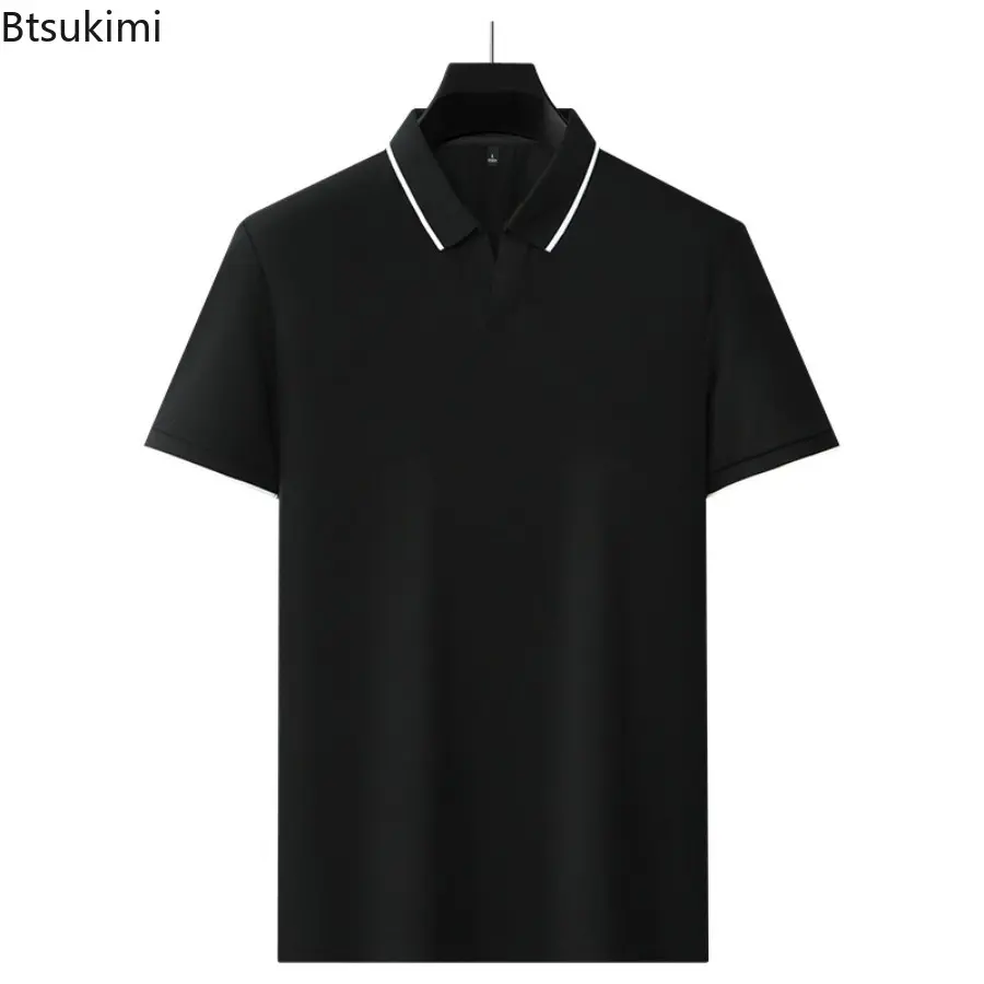 New 2025 Men's V-neck Short Sleeved Polo Shirt Summer Solid Color Simple Silk Cotton Breathable Casual Fashion Top T-shirt Male