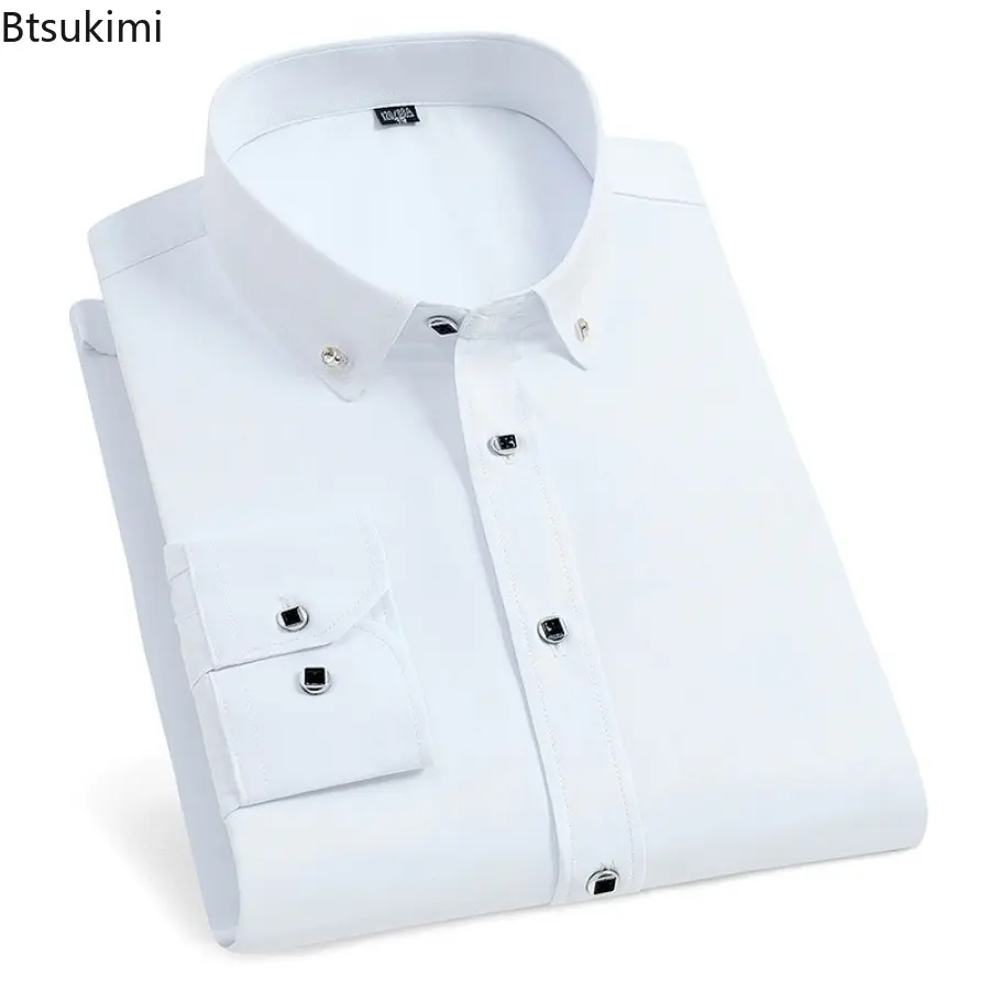 2025 Men's Solid Slim Dress Shirts Long-sleeved Office Business Formal Shirt Cotton Breathable Casual Social Blouses Male Tops