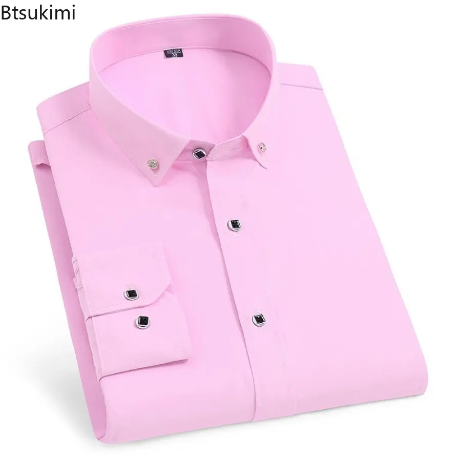 2025 Men's Solid Slim Dress Shirts Long-sleeved Office Business Formal Shirt Cotton Breathable Casual Social Blouses Male Tops