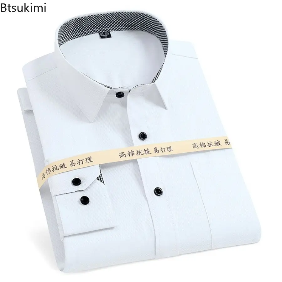 2025 Men's Solid Slim Dress Shirts Long-sleeved Office Business Formal Shirt Cotton Breathable Casual Social Blouses Male Tops