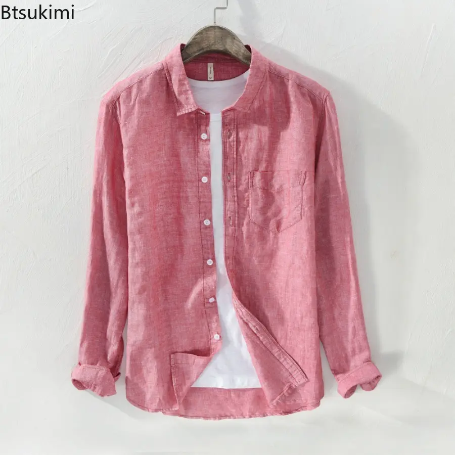 New Style Men's Long Sleeve Cotton Linen Shirt Fashion Comfy Soft Simple Casual Shirt Coats Solid Loose Breathable Tops for Men