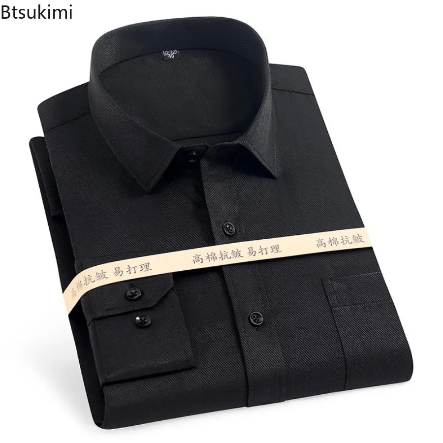 2025 Men's Solid Slim Dress Shirts Long-sleeved Office Business Formal Shirt Cotton Breathable Casual Social Blouses Male Tops