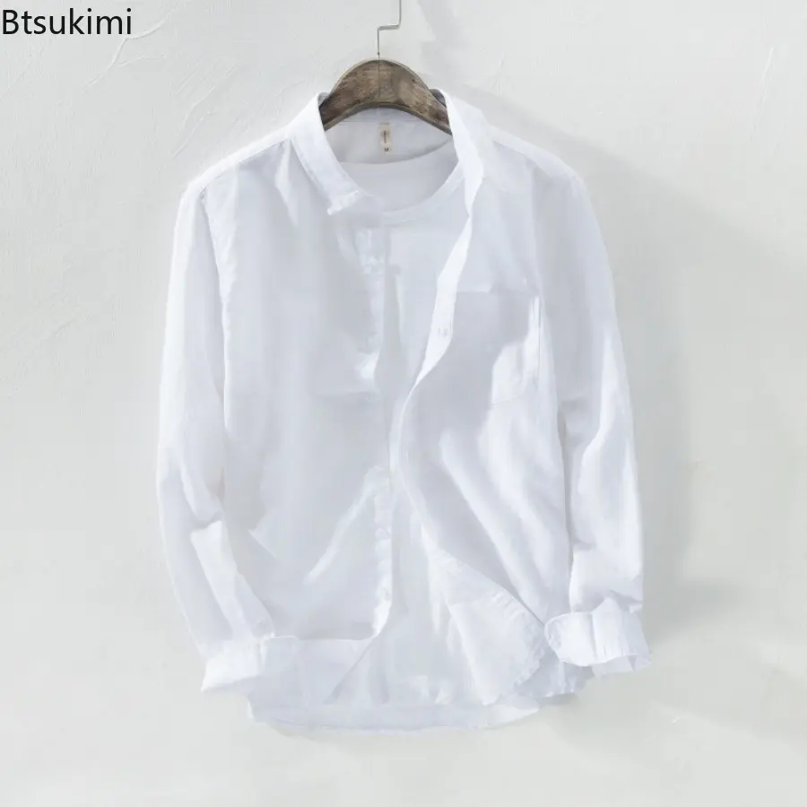 New Style Men's Long Sleeve Cotton Linen Shirt Fashion Comfy Soft Simple Casual Shirt Coats Solid Loose Breathable Tops for Men