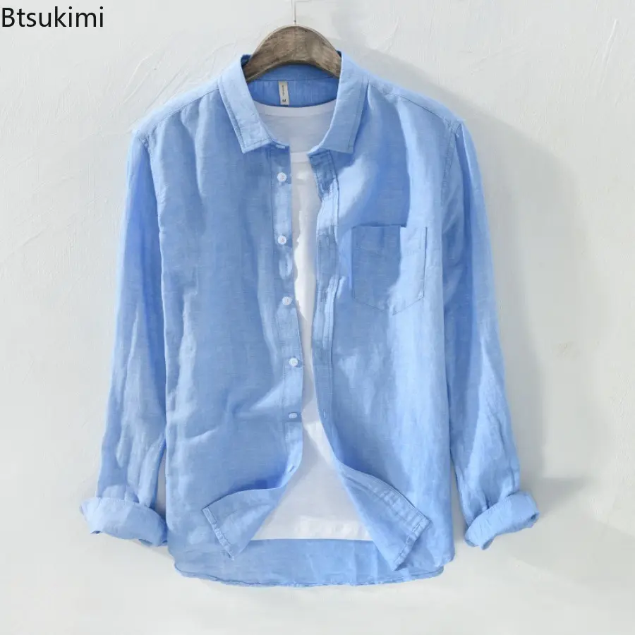 New Style Men's Long Sleeve Cotton Linen Shirt Fashion Comfy Soft Simple Casual Shirt Coats Solid Loose Breathable Tops for Men