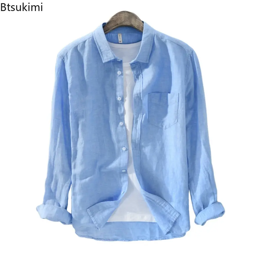 New Style Men's Long Sleeve Cotton Linen Shirt Fashion Comfy Soft Simple Casual Shirt Coats Solid Loose Breathable Tops for Men