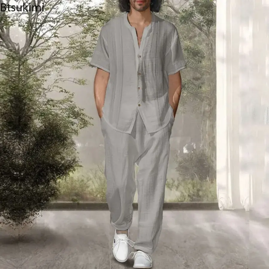 2025 Solid Short-sleeved Casual Suits Men's Summer Loose Sport Two Pieces Fashion Simple Shirt with Pants Tracksuit Outfits Male