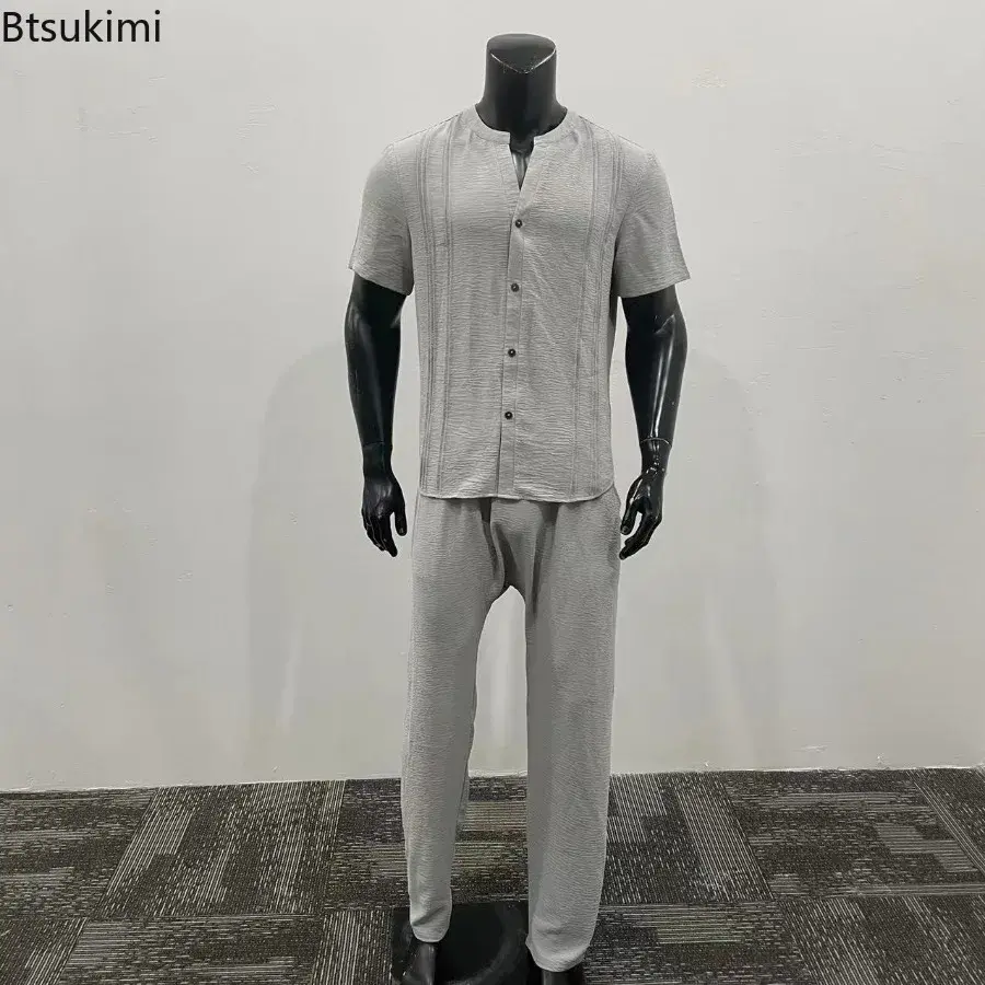 2025 Solid Short-sleeved Casual Suits Men's Summer Loose Sport Two Pieces Fashion Simple Shirt with Pants Tracksuit Outfits Male