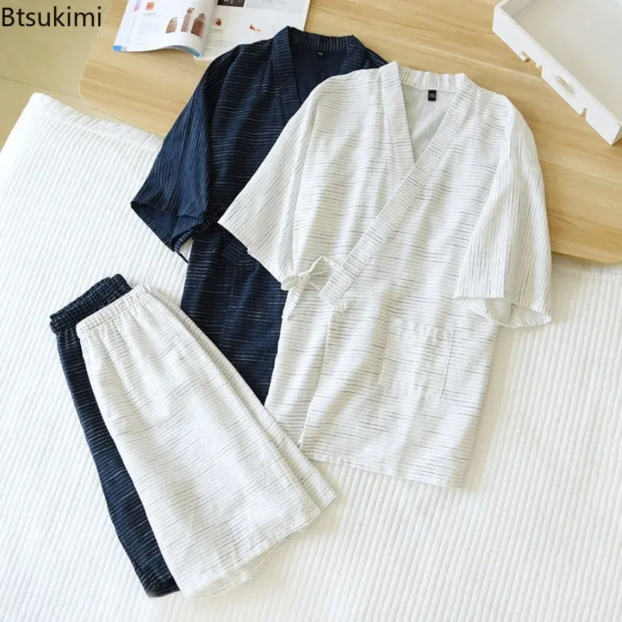 2025 Japanese Kimono Pajama Sets Men's Stripe Jacquard Loose 100% Cotton Short Sleeve Lace-up Tops+Shorts Home Sleepwear Outfits